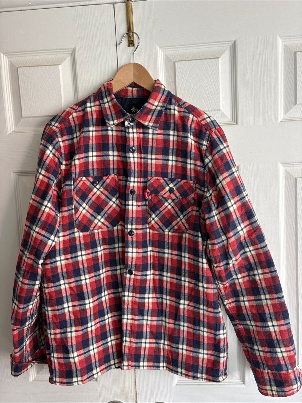 Stussy Plaid Button-Up Flannel Shirt in Red, Navy & Cream, Yellow